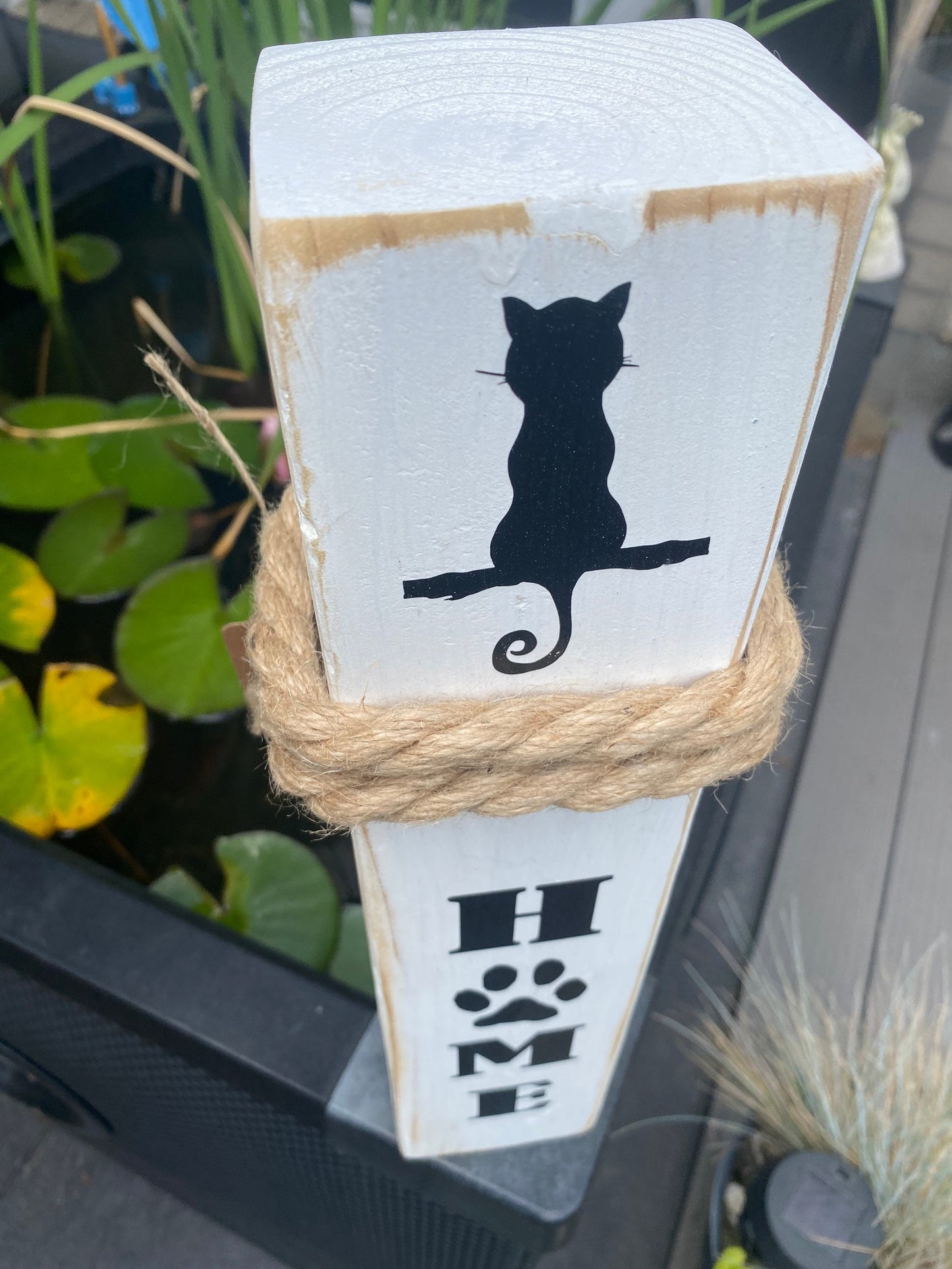 Home Katze Pfote Cat Kitten weiß shabby Dekosäule Poller Holz Anker Stele Dalben Gartendeko maritim Heimathafen