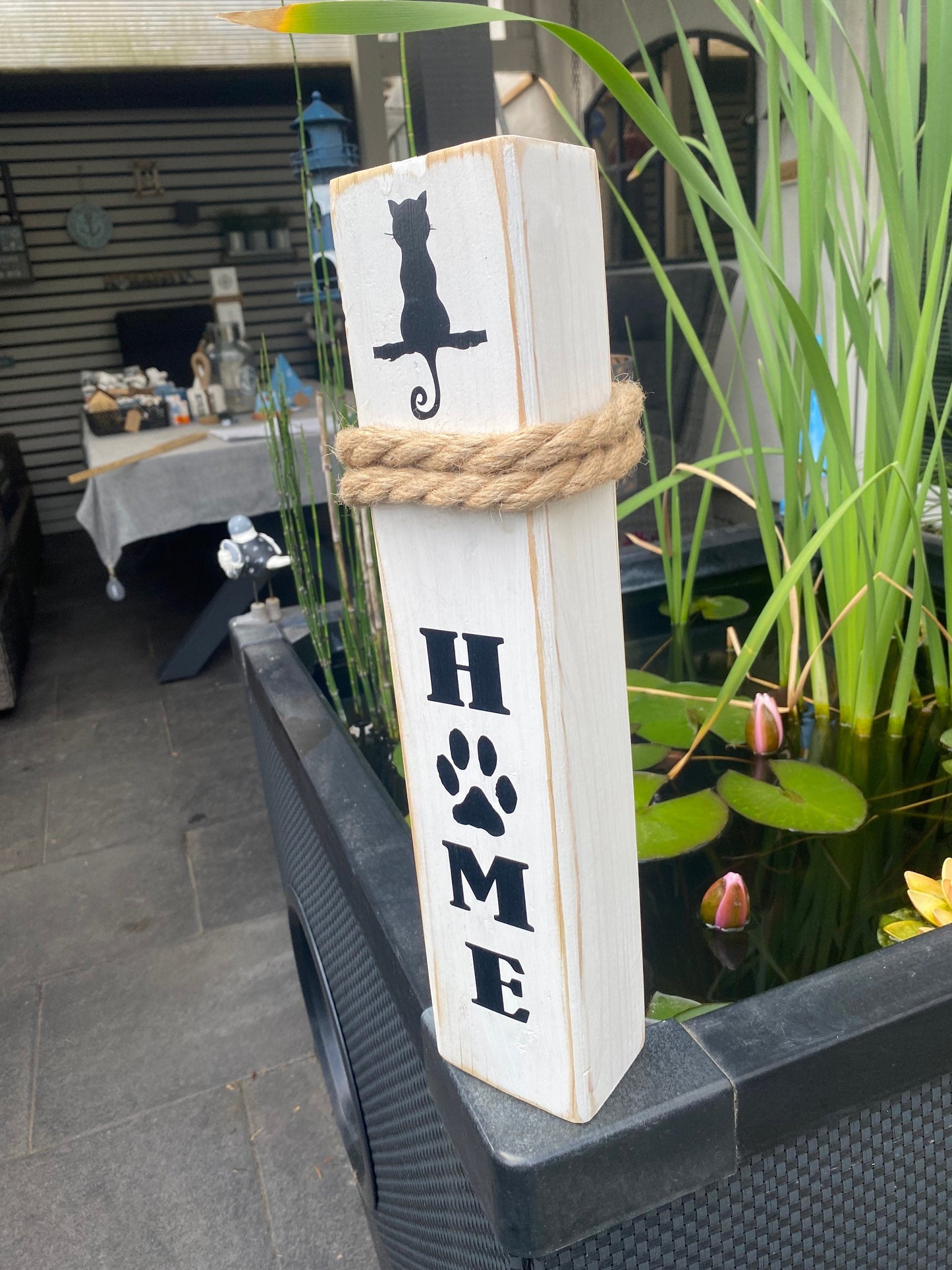 Home Katze Pfote Cat Kitten weiß shabby Dekosäule Poller Holz Anker Stele Dalben Gartendeko maritim Heimathafen