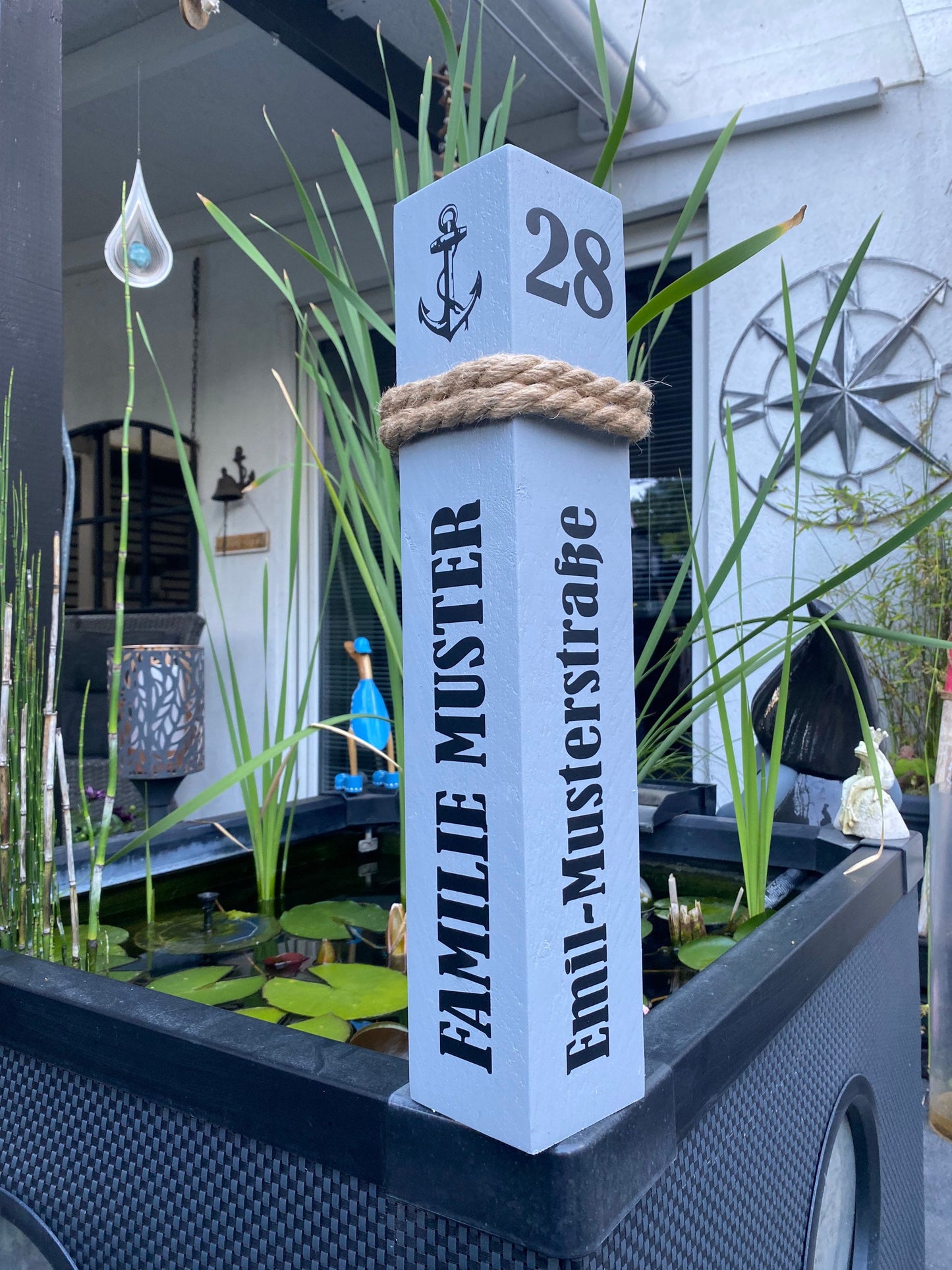 Personalisierter Poller 50-80cm mit Namen und Anschrift individuell Willkommen Heimathafen Eingangsbereich Briefkasten Ferienwohnung Manapal