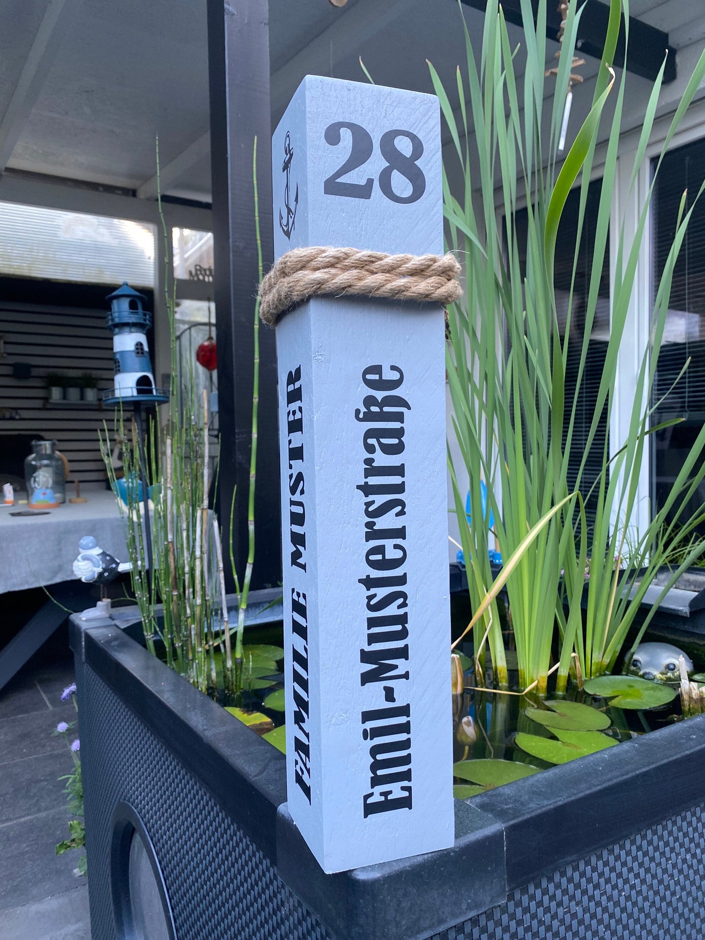 Personalisierter Poller 50-80cm mit Namen und Anschrift individuell Willkommen Heimathafen Eingangsbereich Briefkasten Ferienwohnung Manapal