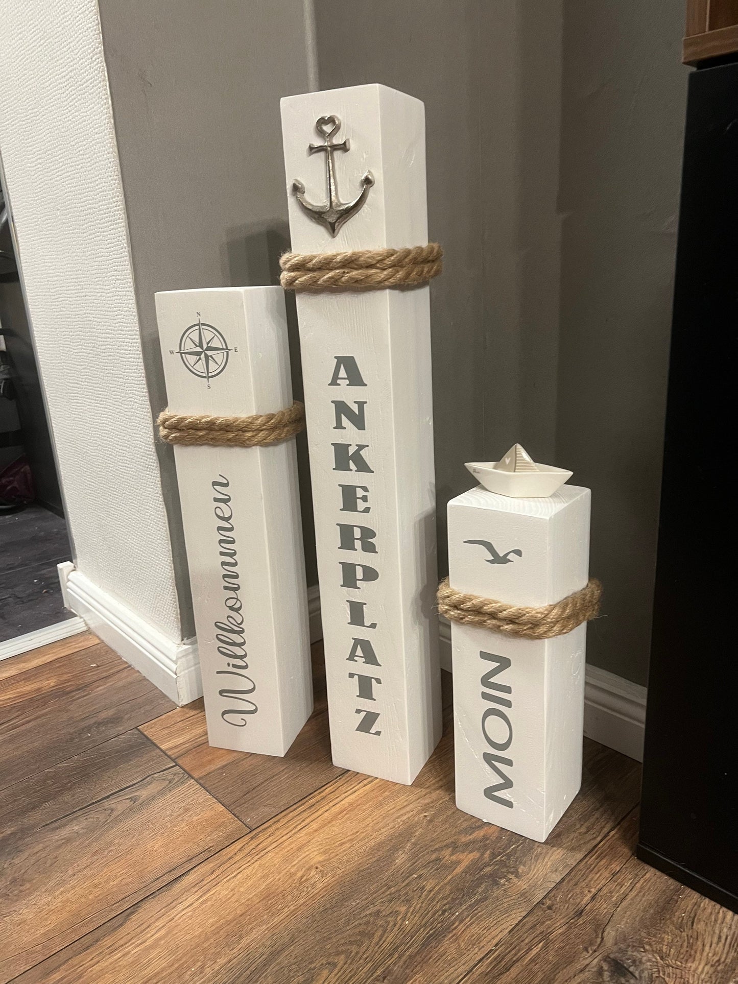 3er Set maritime Deko Holz Anker Poller Ahoi Garten Manapal Dekosäulen Meer Balken Stele Säule Manapal Schiff Willkommen Ankerplatz Moin