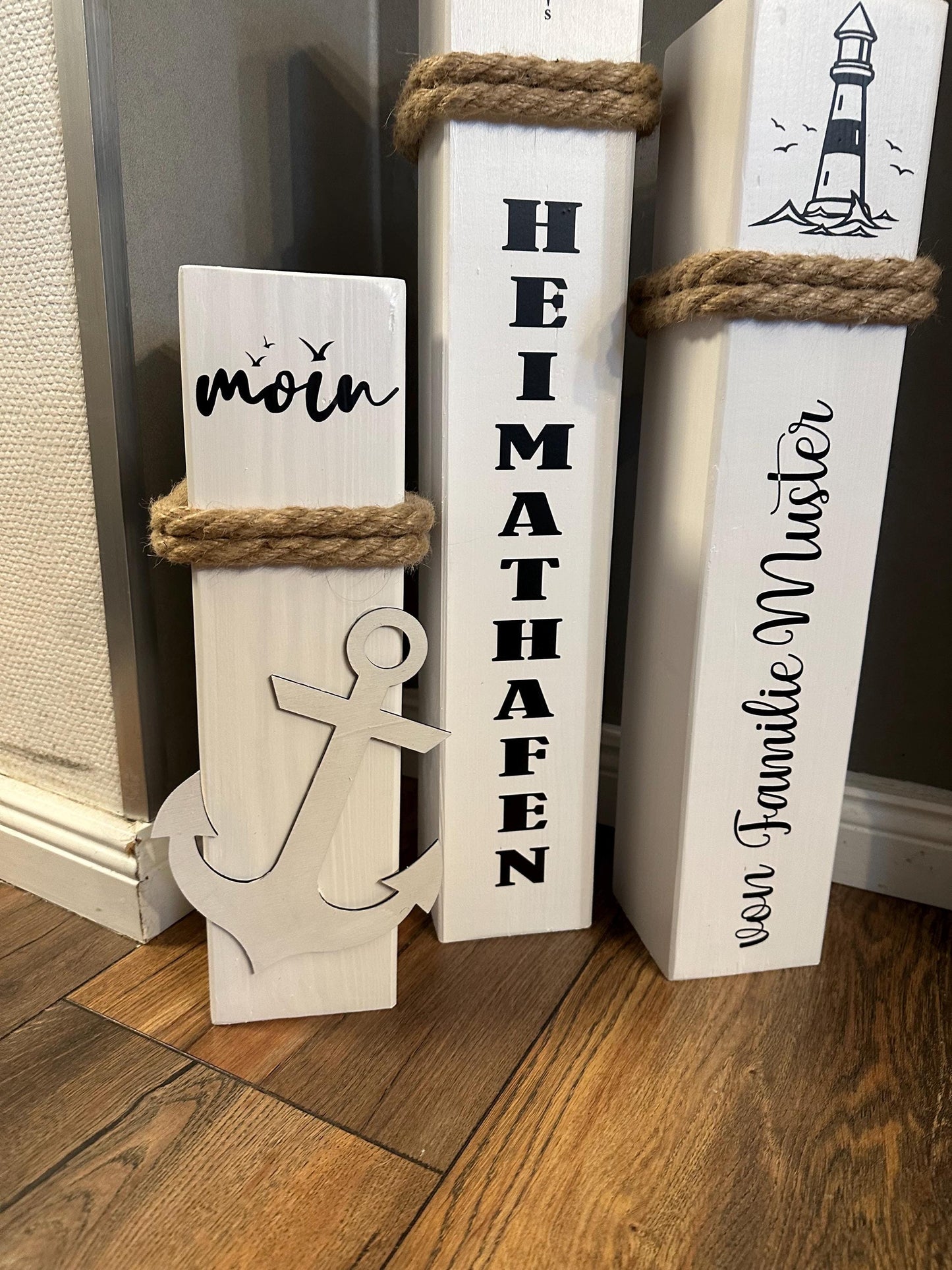 Personalisiertes 3teiliges Poller-Set mit Ihrem Namen oder Wunschtext, individuell Heimathafen Lieblingsinsel Koordinaten Hochzeit Anker