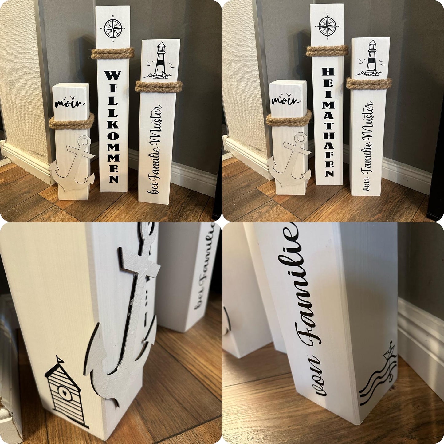 Personalisiertes 3teiliges Poller-Set mit Ihrem Namen oder Wunschtext, individuell Heimathafen Lieblingsinsel Koordinaten Hochzeit Anker