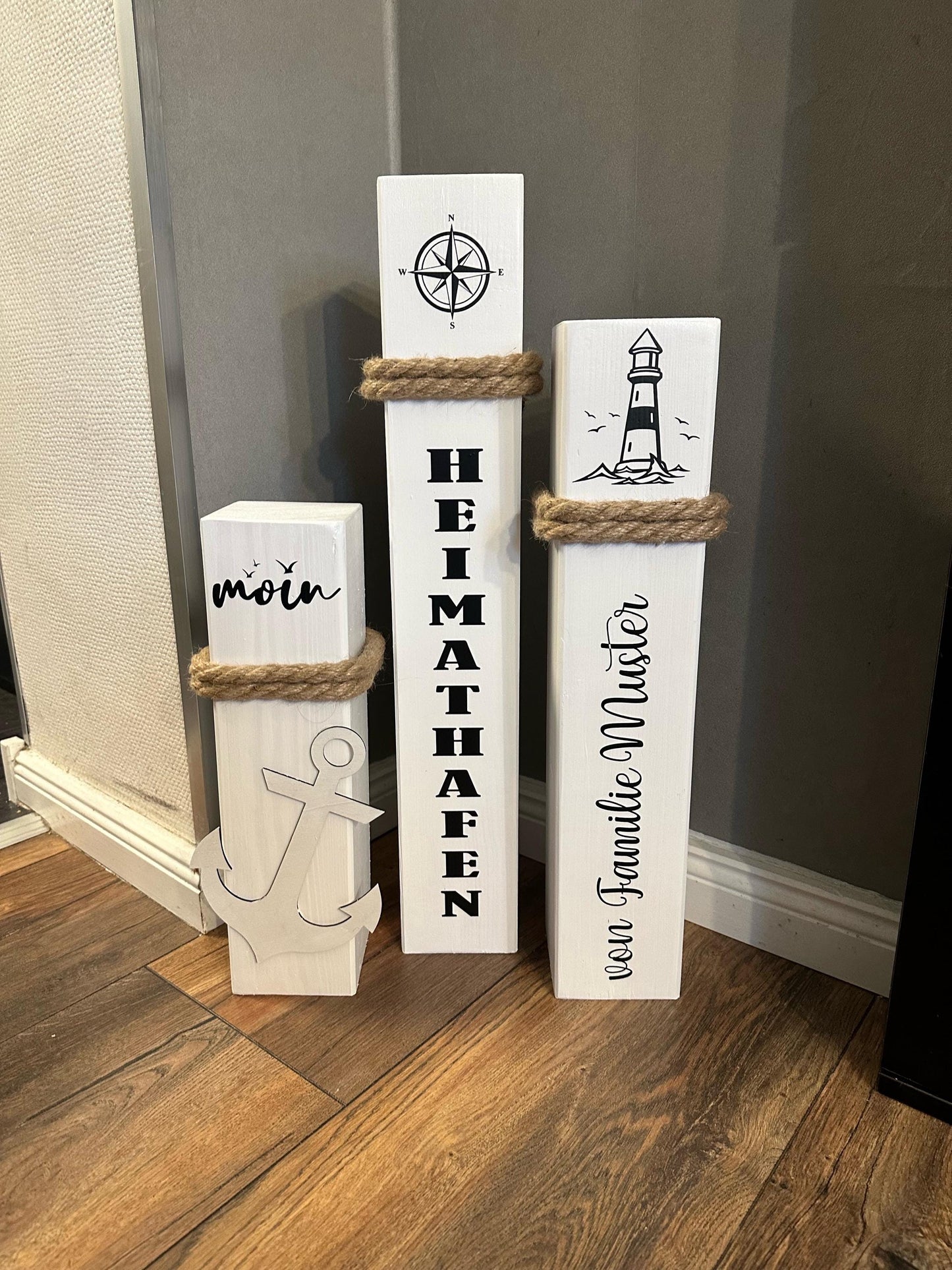 Personalisiertes 3teiliges Poller-Set mit Ihrem Namen oder Wunschtext, individuell Heimathafen Lieblingsinsel Koordinaten Hochzeit Anker
