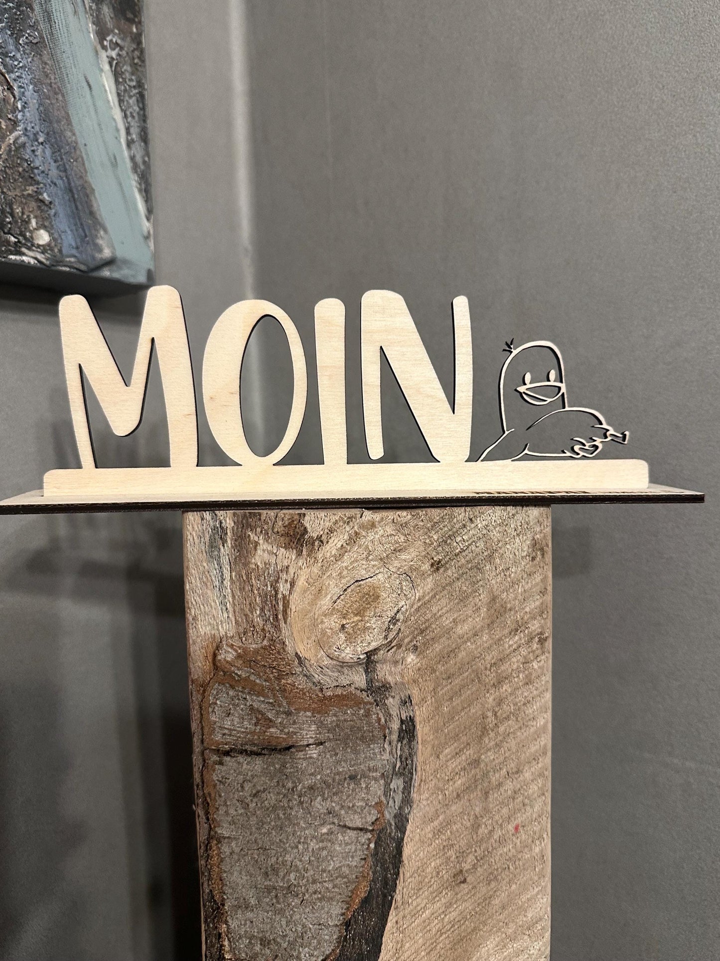 Schriftzug Moin mit Möwe, Schreibtischdeko, Geschenk für Meerliebhaber, maritime Deko aus Holz, Tischdeko, Anker