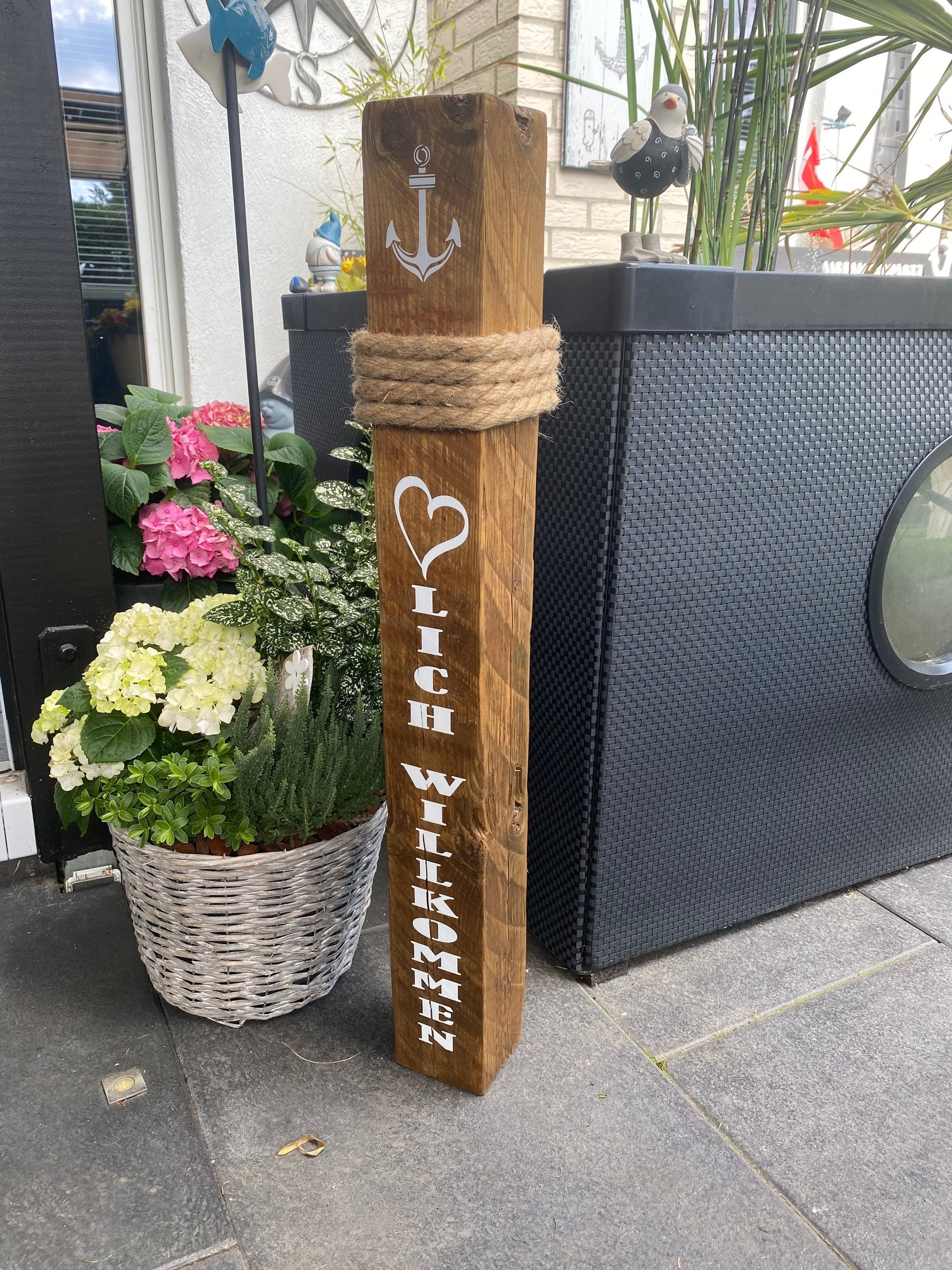 Herzlich Willkommen Ankerplatz Heimathafen Poller Dekoration Garten Manapal maritime Deko