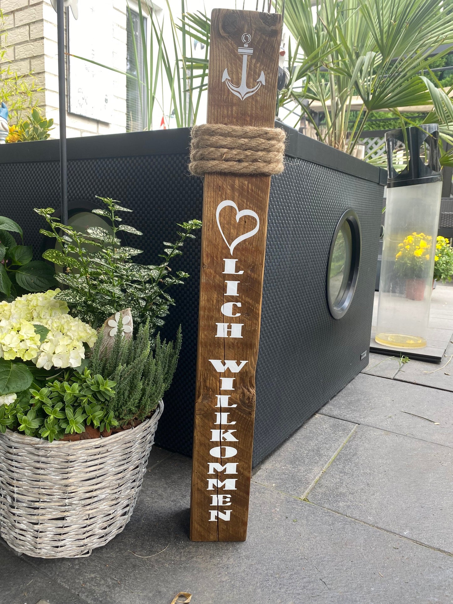 Herzlich Willkommen Ankerplatz Heimathafen Poller Dekoration Garten Manapal maritime Deko