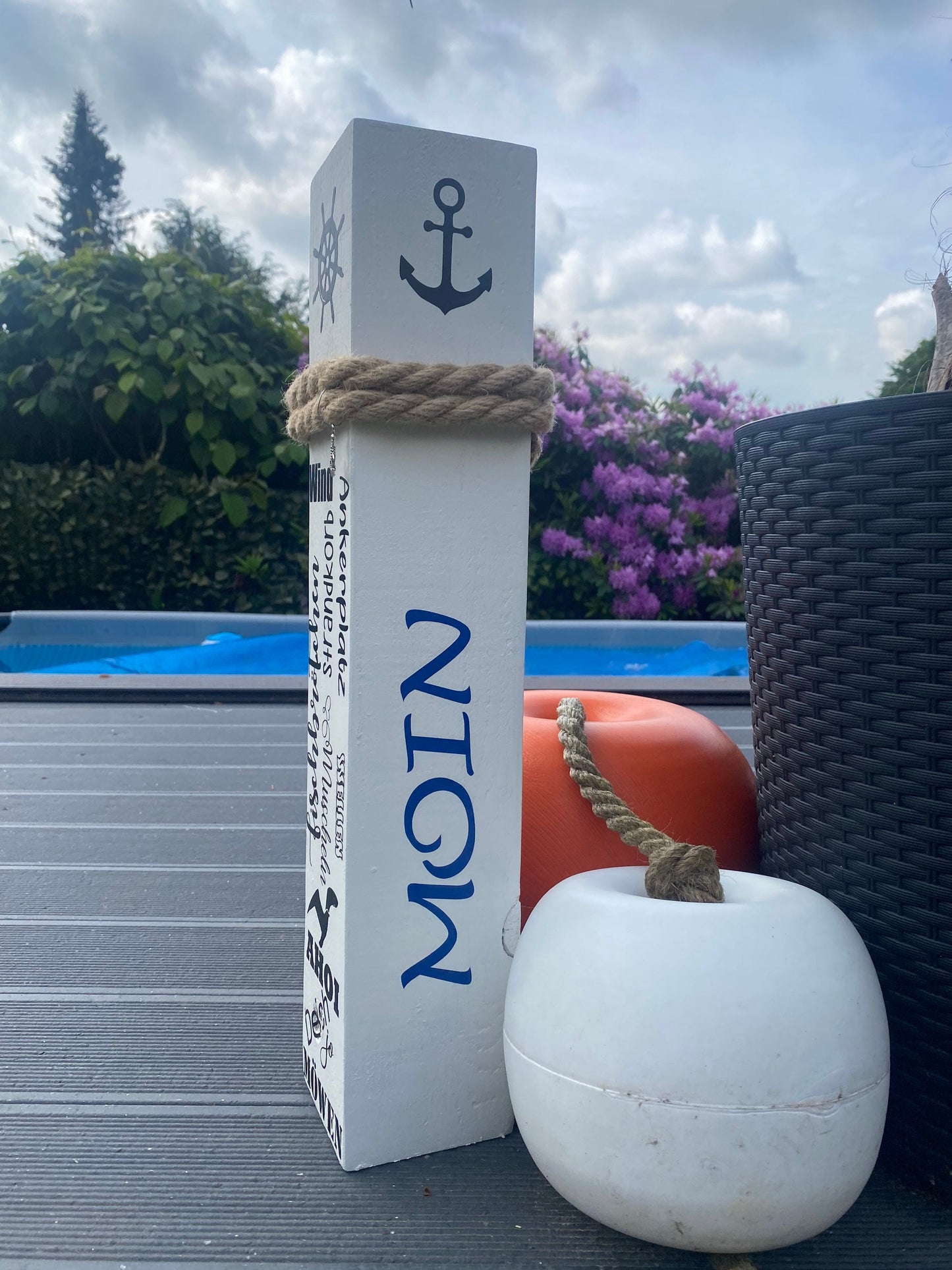 MOIN Meeresrauschen Ahoi 10x10x50 Dekosäule Holz Anker Poller Dekoration Garten Manapal maritime Deko Meer Balken Stele Säule