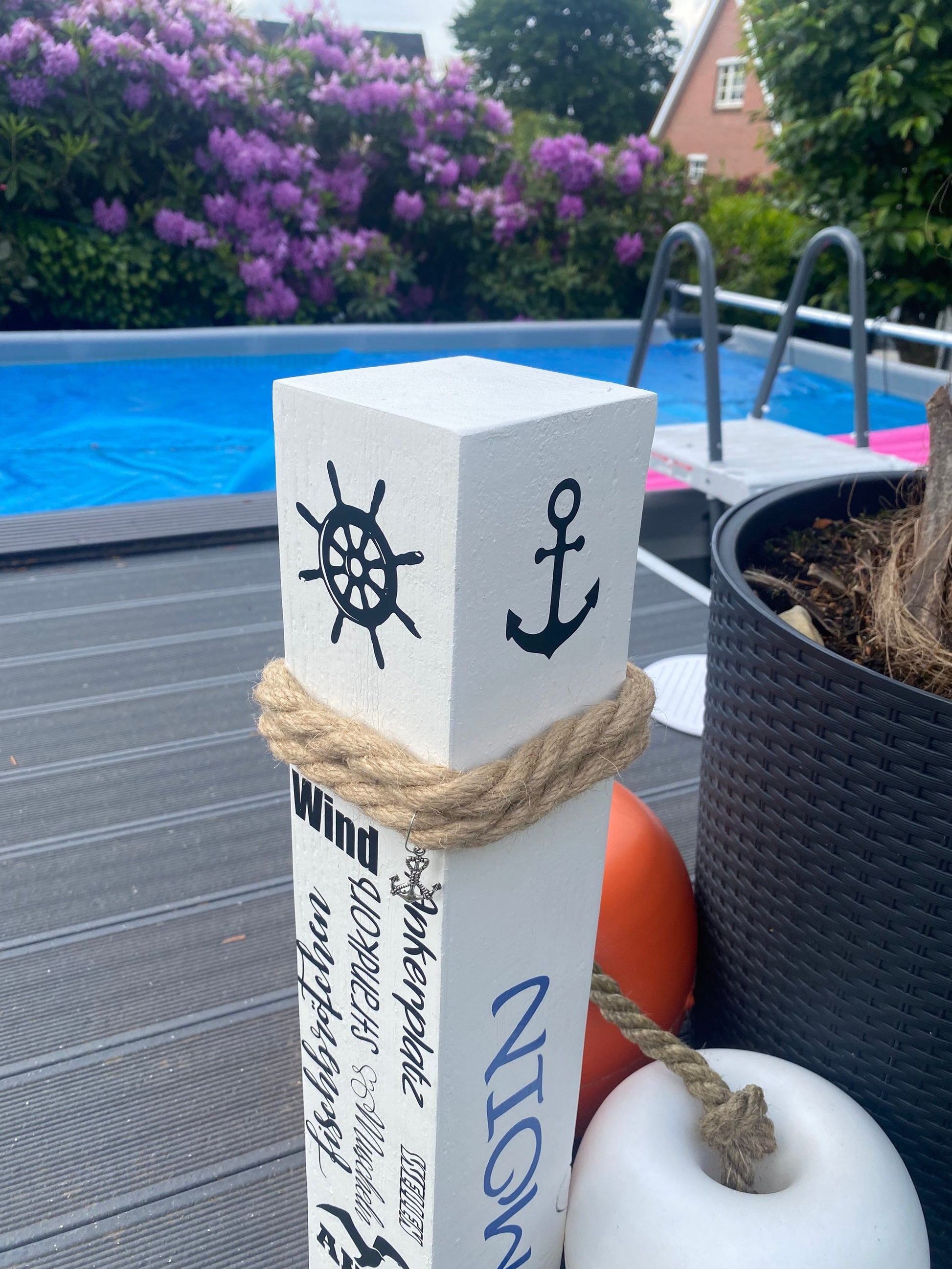 MOIN Meeresrauschen Ahoi 10x10x50 Dekosäule Holz Anker Poller Dekoration Garten Manapal maritime Deko Meer Balken Stele Säule