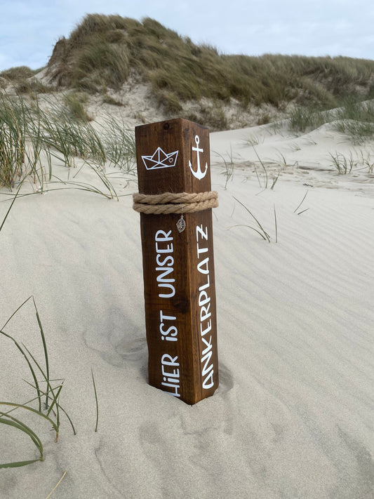 Hier ist unser Ankerplatz Dekosäule Poller Holz Anker Stele Dalben Gartendeko maritim Heimathafen