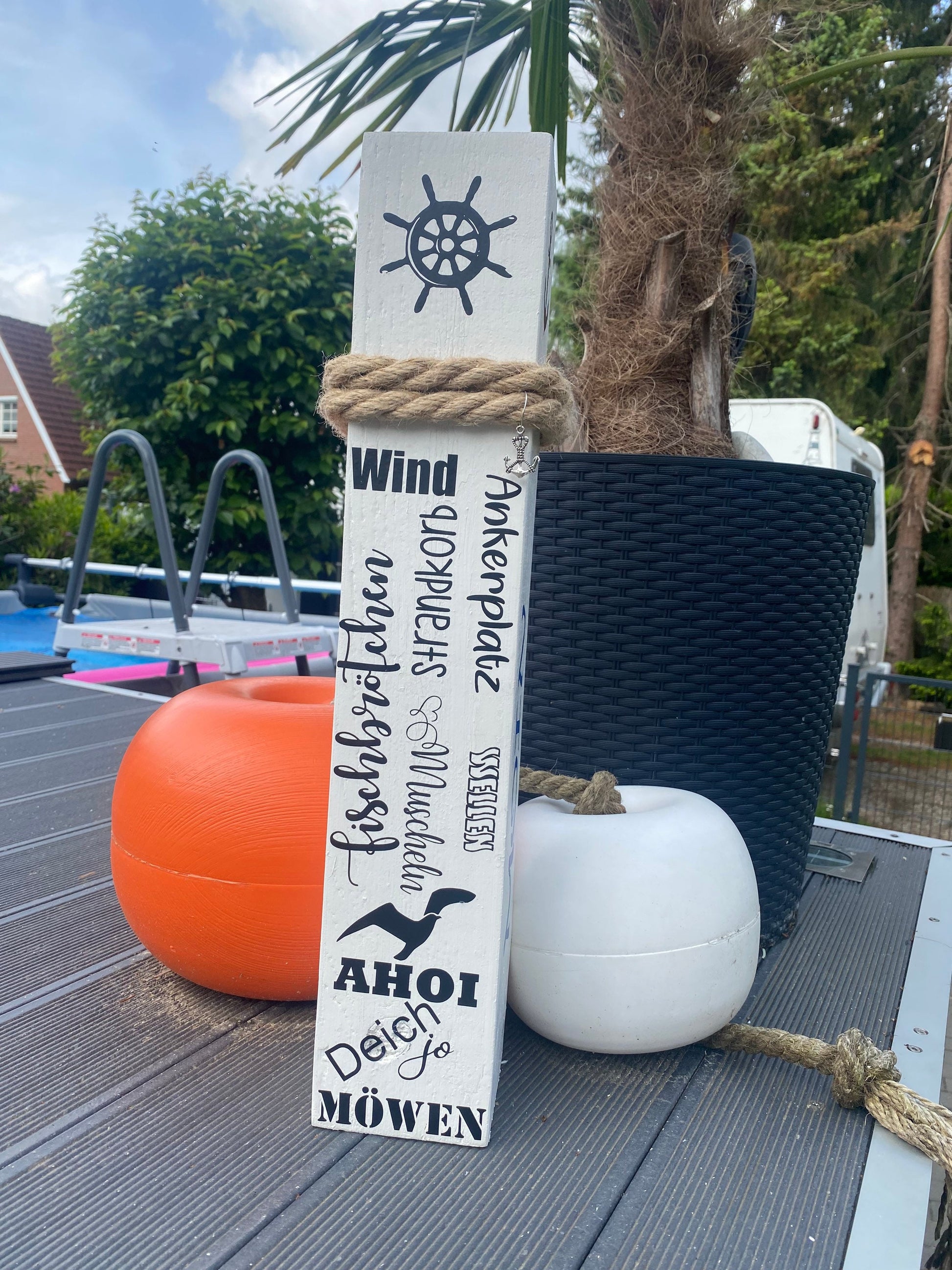 MOIN Meeresrauschen Ahoi 10x10x50 Dekosäule Holz Anker Poller Dekoration Garten Manapal maritime Deko Meer Balken Stele Säule