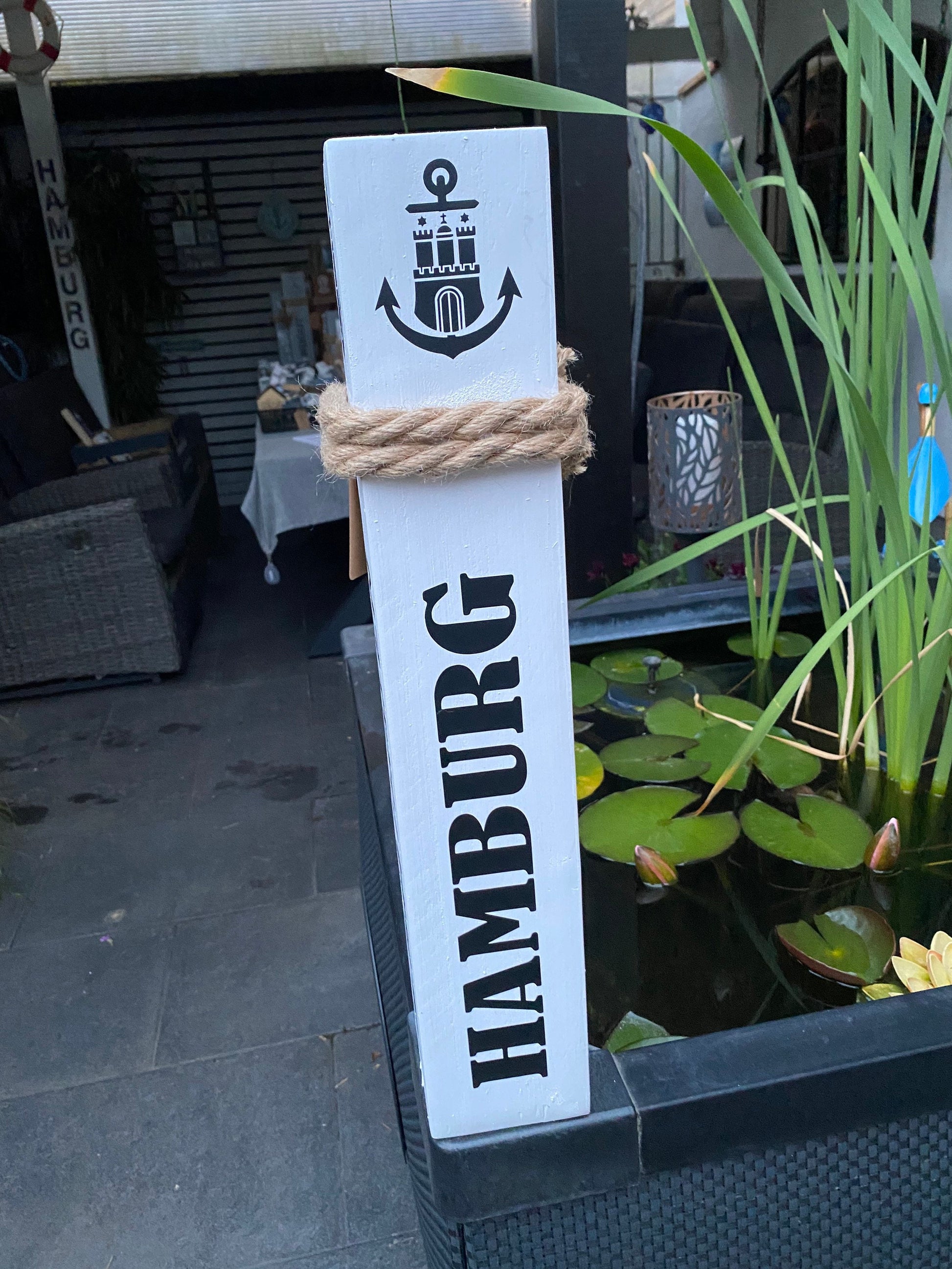 Hamburg Heimathafen schwarz weiß Poller Holz Anker Stele Dalben Gartendeko maritim Heimathafen