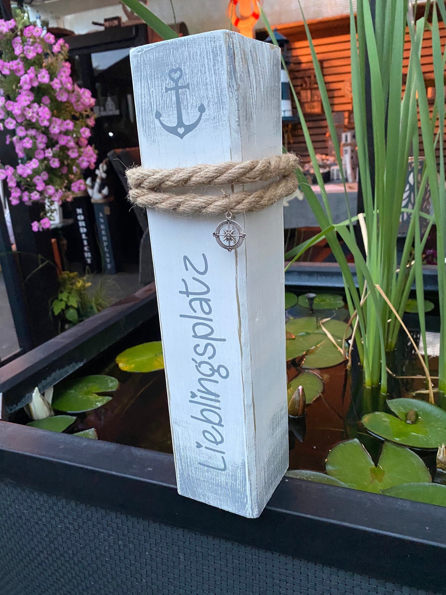 Lieblingsplatz weiß grau maritime Tischdeko Dekosäule Poller Holz Anker Stele Dalben Gartendeko maritim Heimathafen