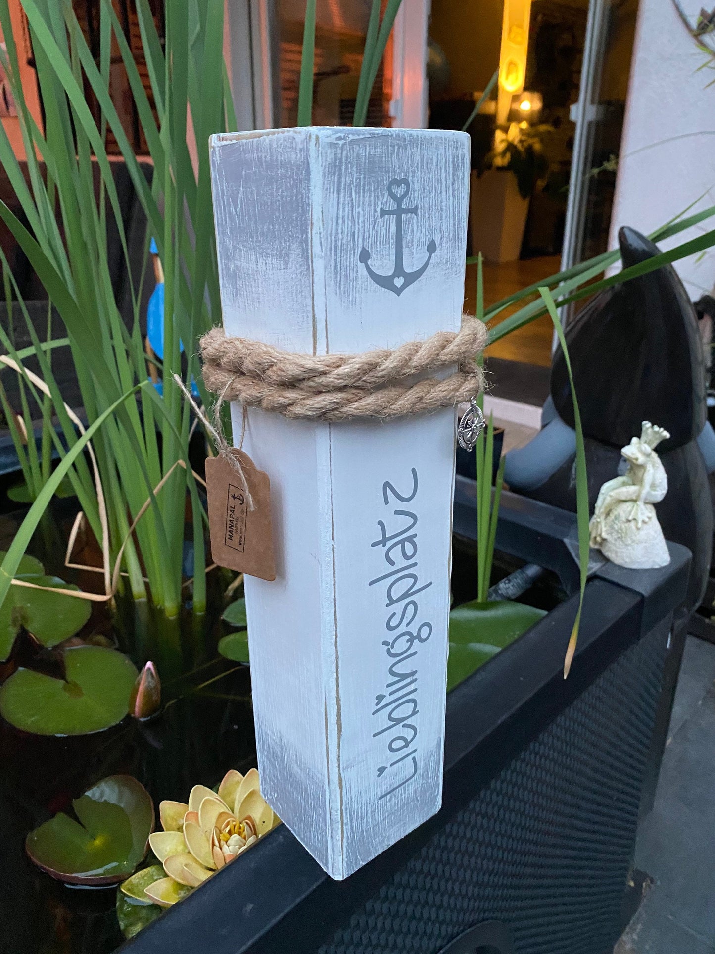 Lieblingsplatz weiß grau maritime Tischdeko Dekosäule Poller Holz Anker Stele Dalben Gartendeko maritim Heimathafen