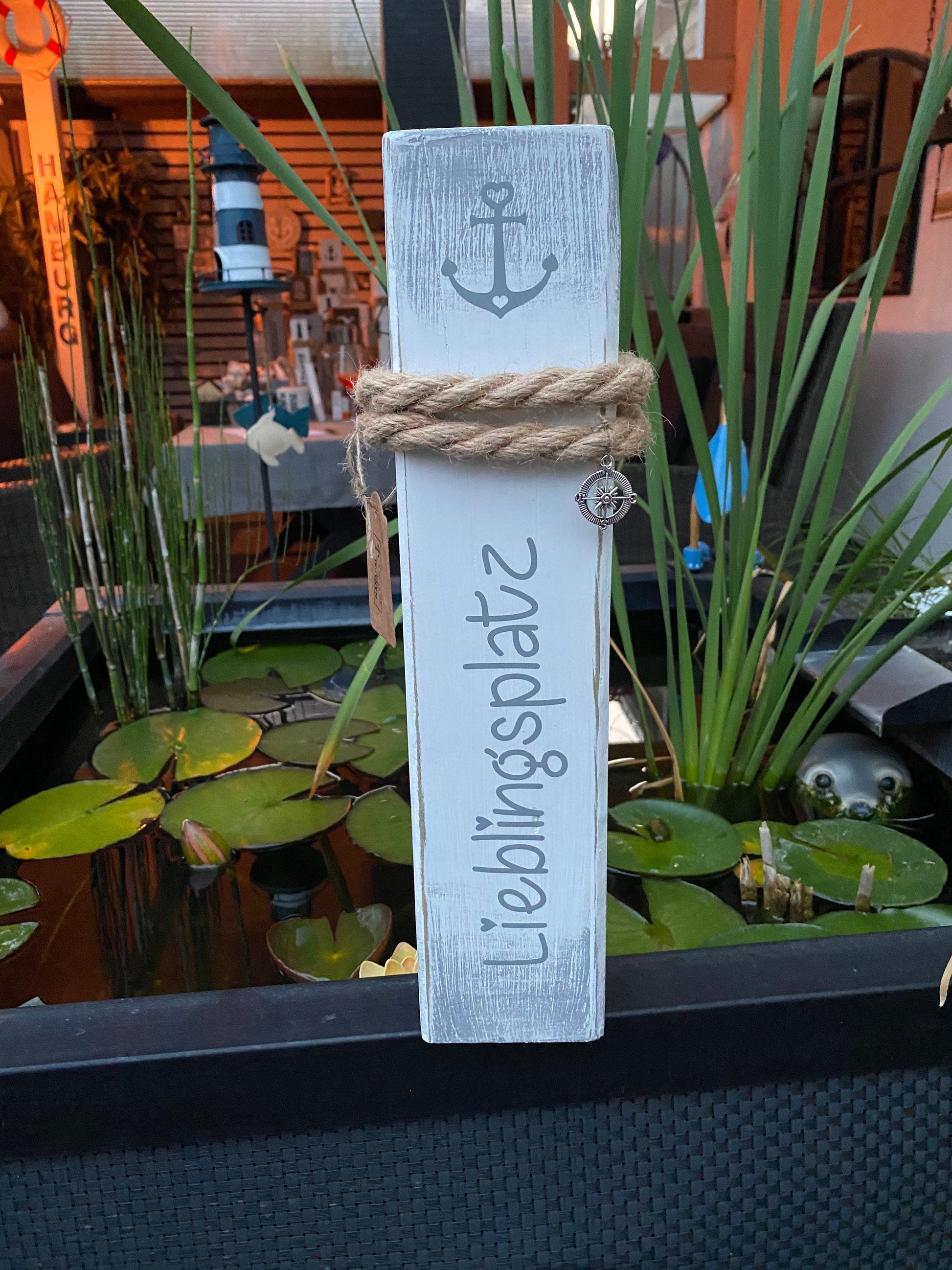Lieblingsplatz weiß grau maritime Tischdeko Dekosäule Poller Holz Anker Stele Dalben Gartendeko maritim Heimathafen