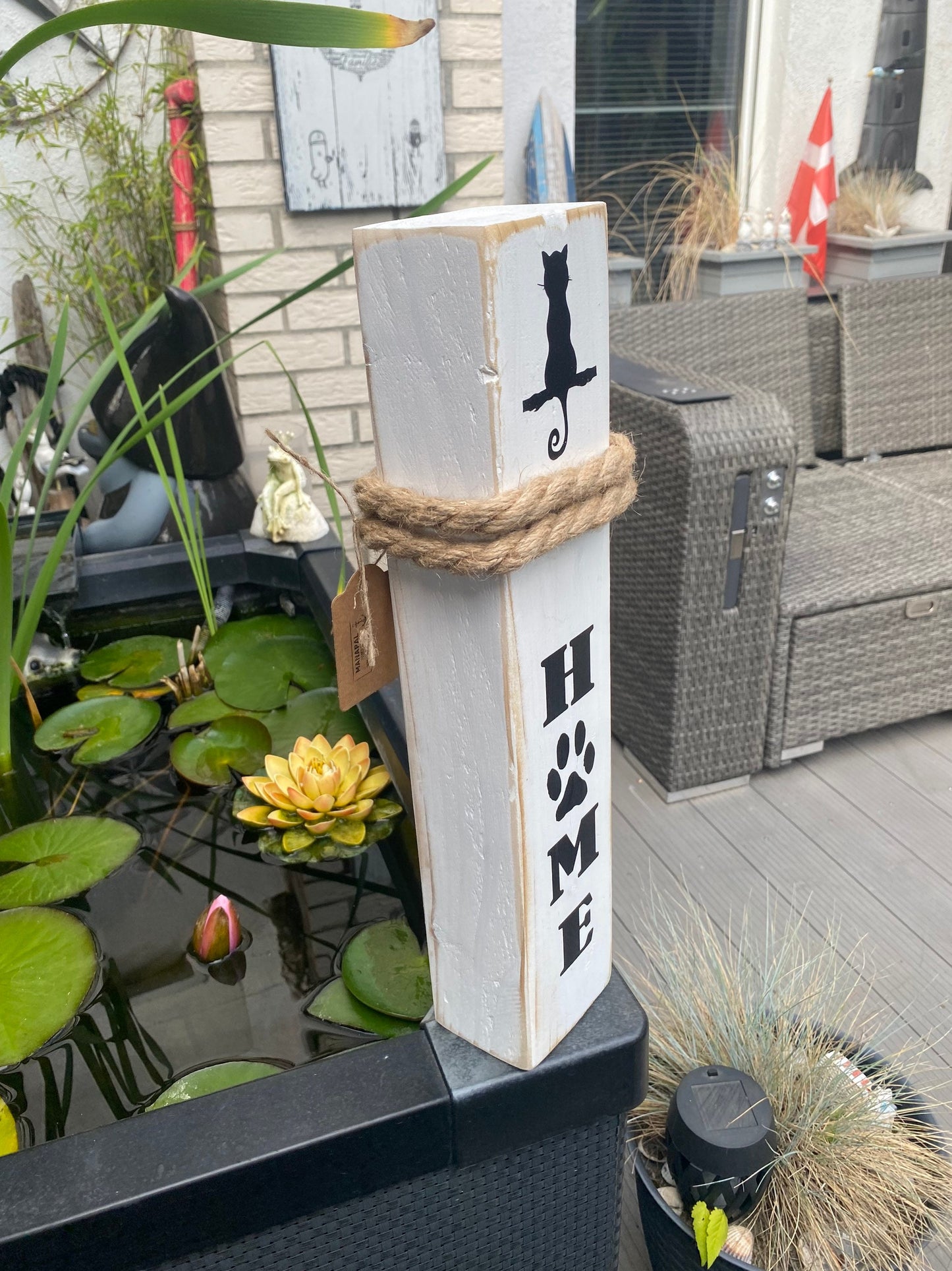 Home Katze Pfote Cat Kitten weiß shabby Dekosäule Poller Holz Anker Stele Dalben Gartendeko maritim Heimathafen