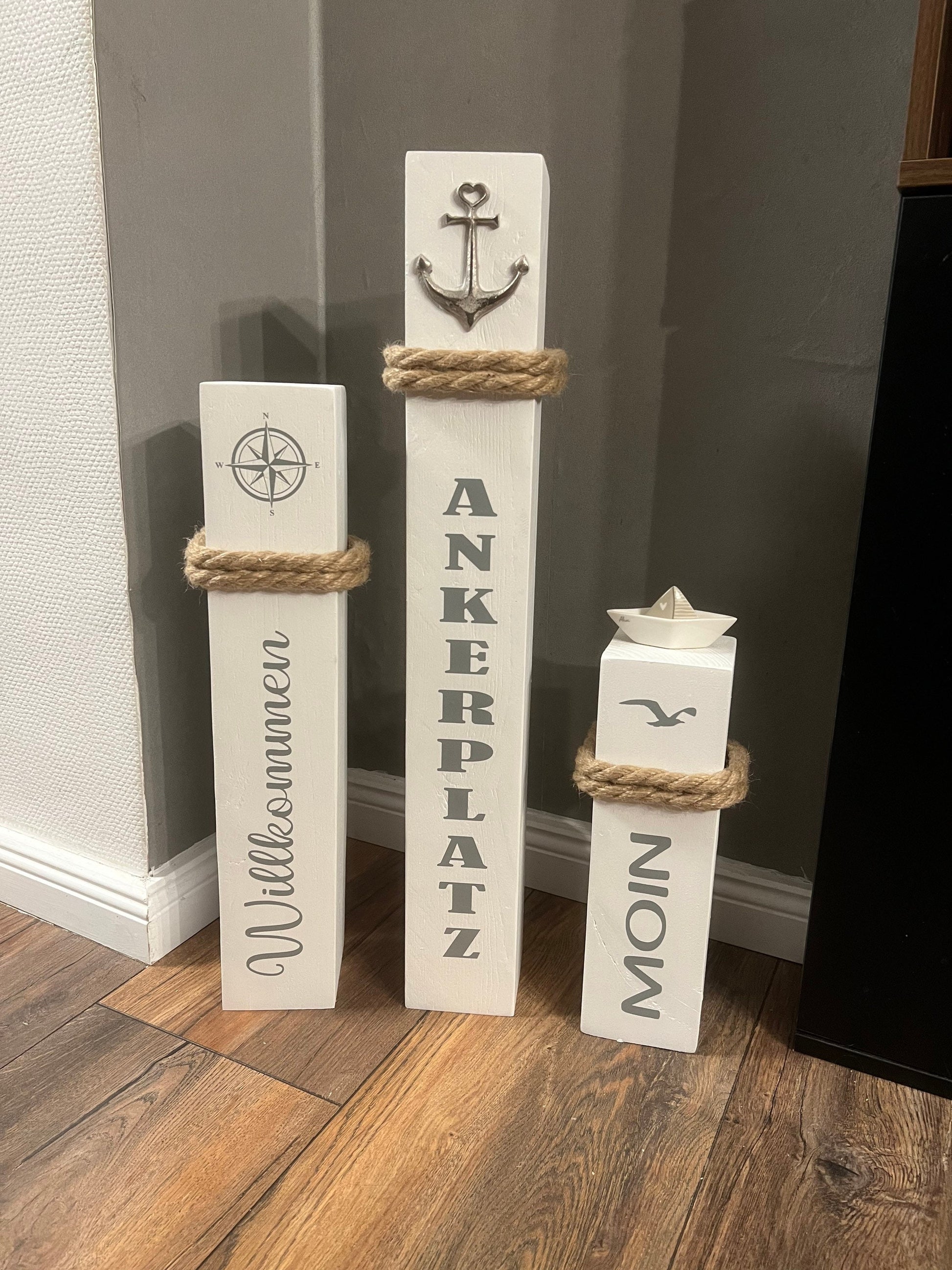 3er Set maritime Deko Holz Anker Poller Ahoi Garten Manapal Dekosäulen Meer Balken Stele Säule Manapal Schiff Willkommen Ankerplatz Moin