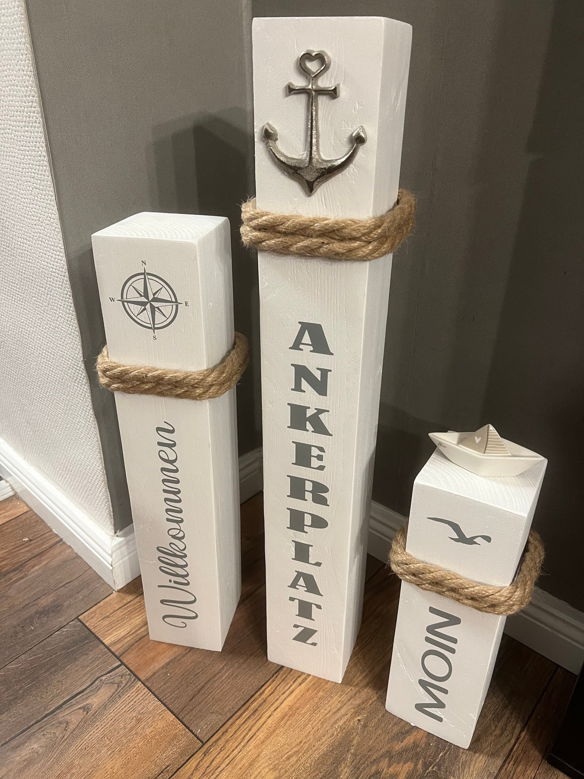 3er Set maritime Deko Holz Anker Poller Ahoi Garten Manapal Dekosäulen Meer Balken Stele Säule Manapal Schiff Willkommen Ankerplatz Moin