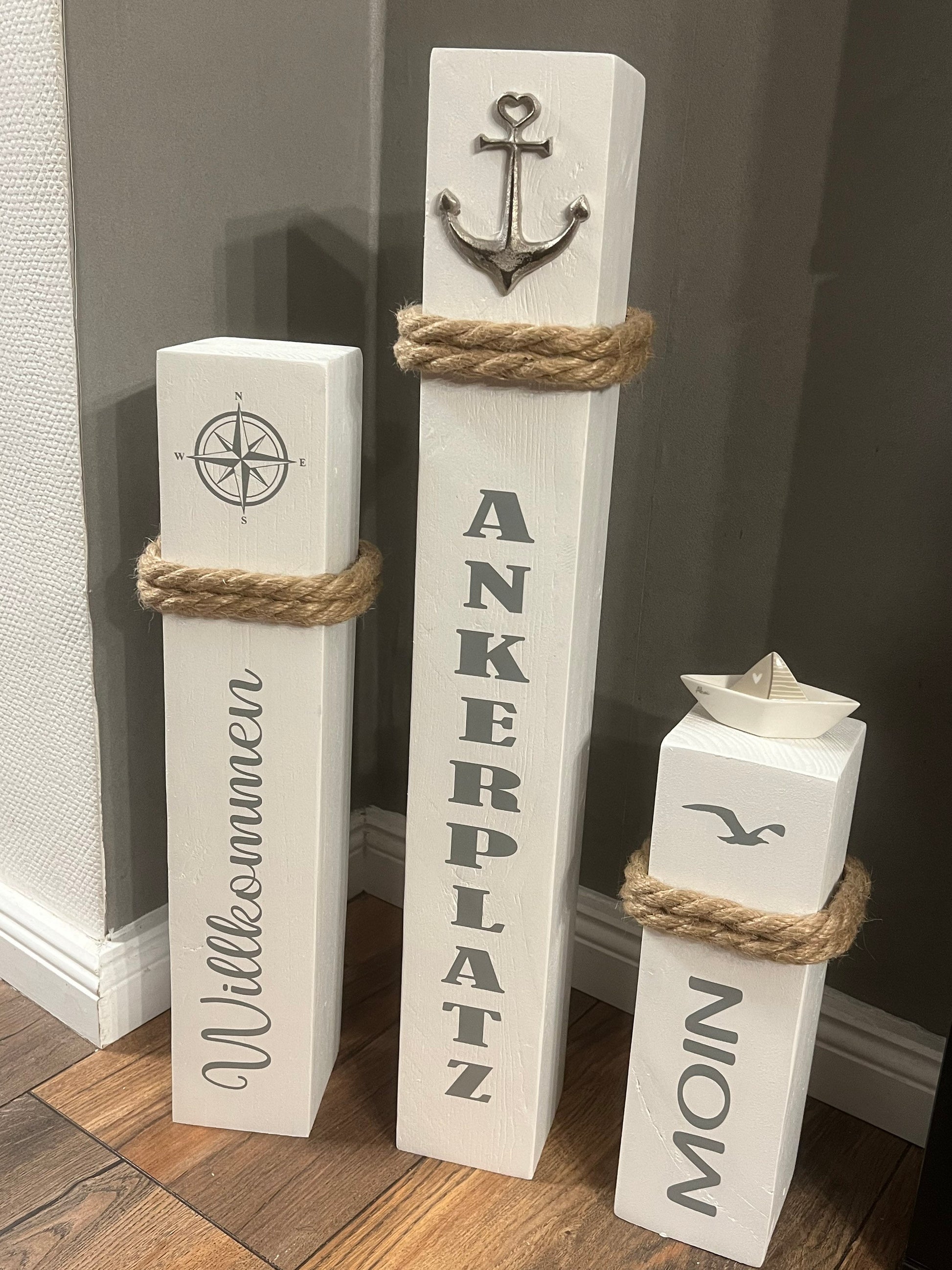 3er Set maritime Deko Holz Anker Poller Ahoi Garten Manapal Dekosäulen Meer Balken Stele Säule Manapal Schiff Willkommen Ankerplatz Moin