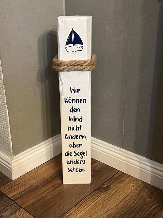 Wind Segel Spruch blau weiß Heimathafen Anker Windrose Möwen Dekosäule Poller Holz Anker Stele Dalben Gartendeko maritim Heimathafen