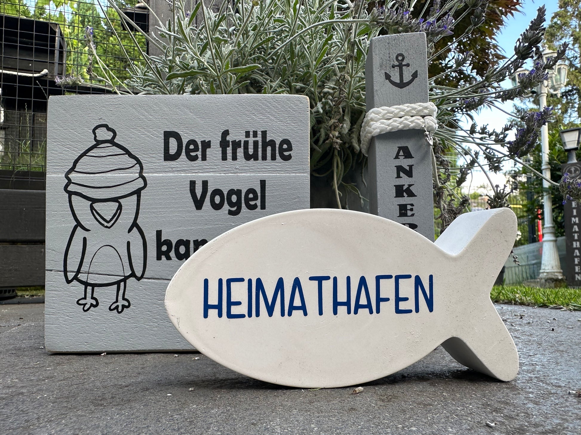 Maritime Tischdeko im Set Dekoration Aufsteller Heimathafen Holzschild Poller Ankerplatz Möwe maritim grau Lieblingsplatz