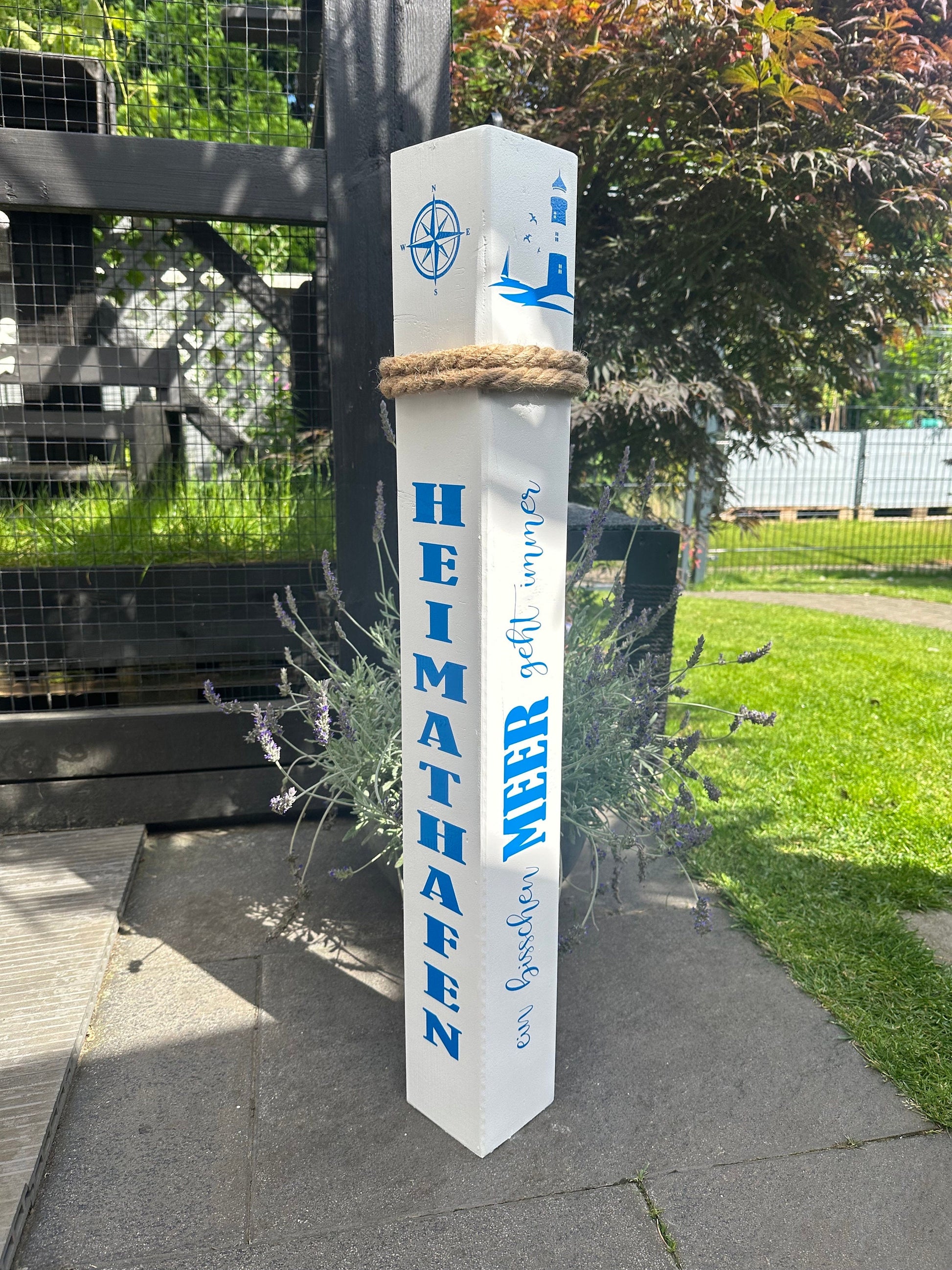 Heimathafen Meer geht immer Anker Poller Gartendeko Ankerplatz Haus Zuhause Dekosäule Poller Balken Stele Holzsäule Leuchtturm Strand