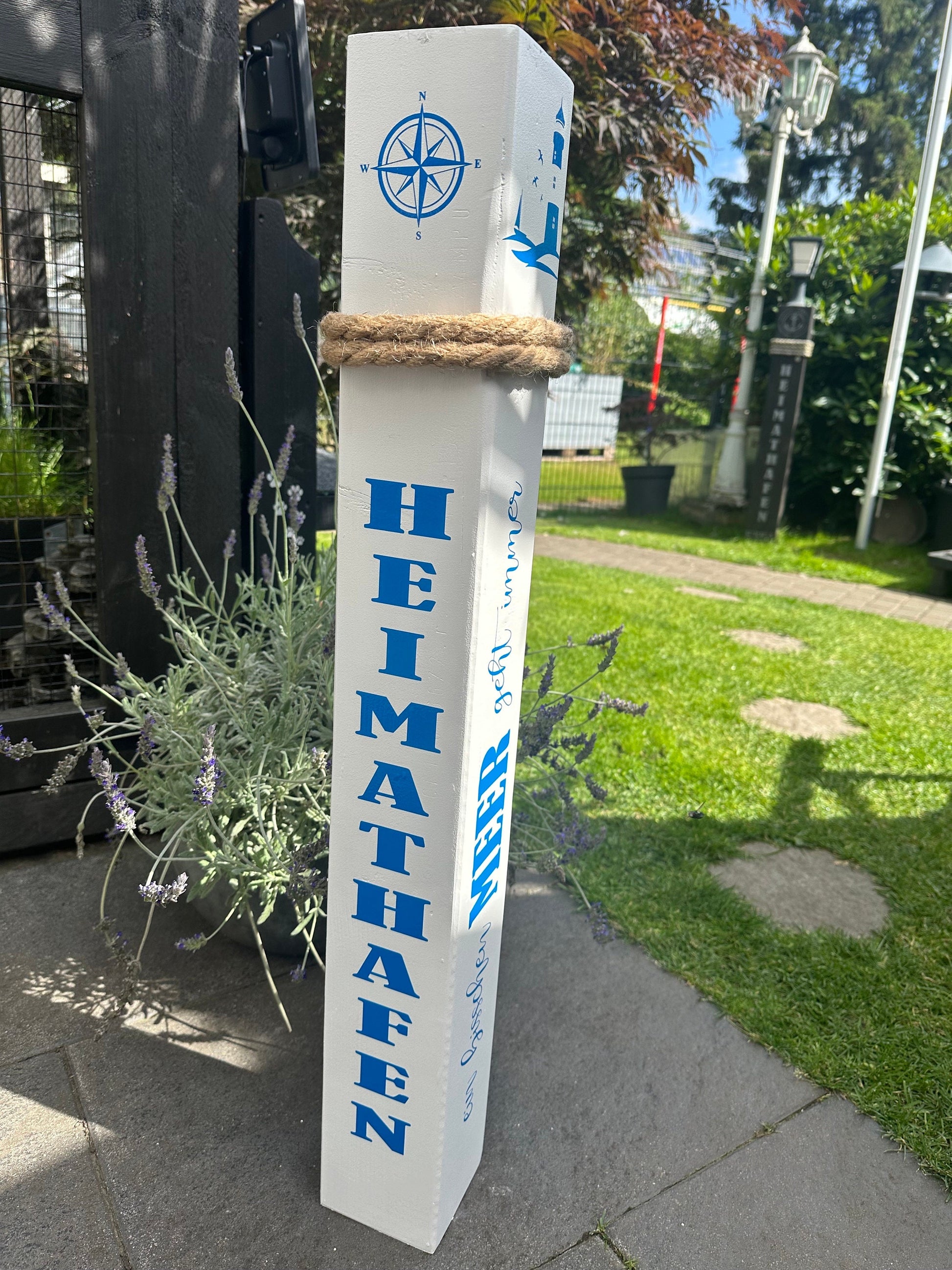 Heimathafen Meer geht immer Anker Poller Gartendeko Ankerplatz Haus Zuhause Dekosäule Poller Balken Stele Holzsäule Leuchtturm Strand