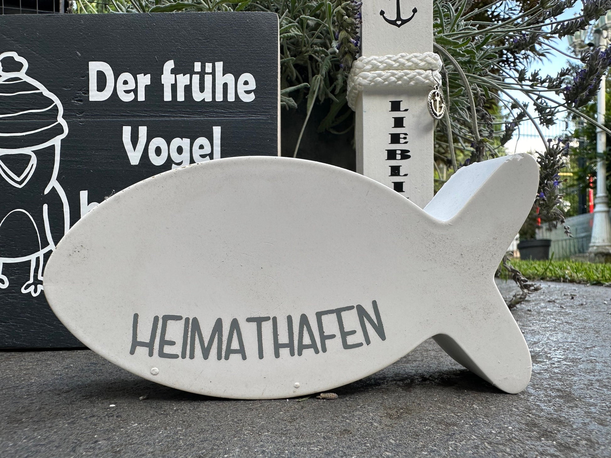 Maritime Tischdeko im Set Dekoration Aufsteller Heimathafen Holzschild Poller Ankerplatz Möwe maritim grau Lieblingsplatz