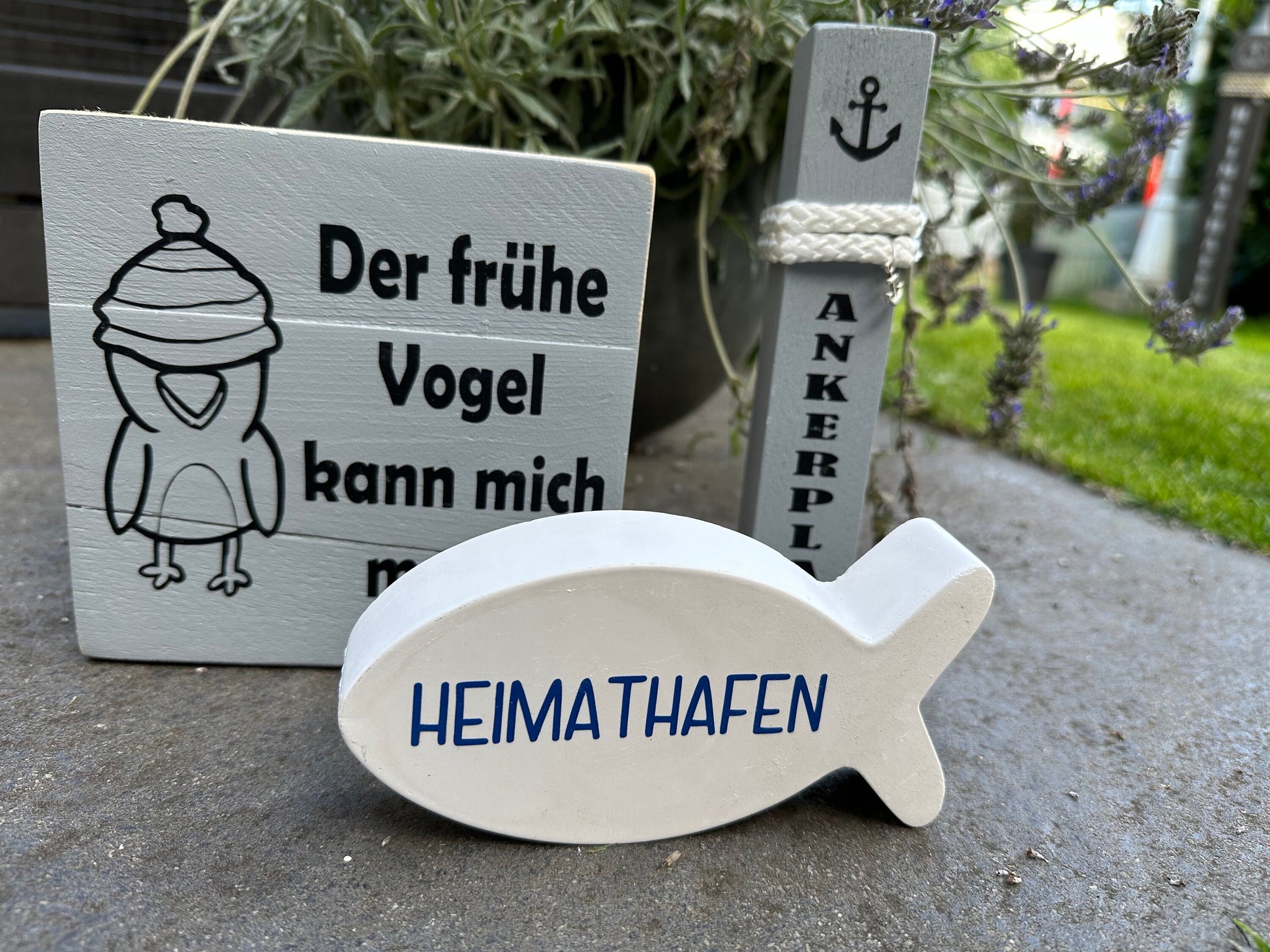 Maritime Tischdeko im Set Dekoration Aufsteller Heimathafen Holzschild Poller Ankerplatz Möwe maritim grau Lieblingsplatz