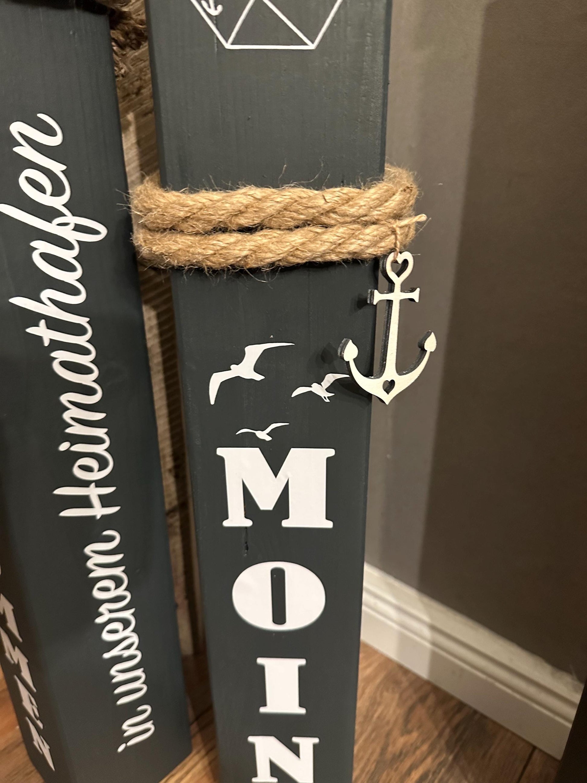 Housewarming Gift | Set of 2 Nautical Wooden Posts with Anchor + Text | Coastal Home Decor for Front Door, Garden & Beach House