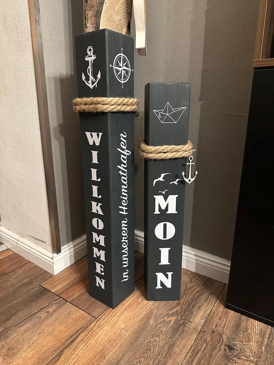 Housewarming Gift | Set of 2 Nautical Wooden Posts with Anchor + Text | Coastal Home Decor for Front Door, Garden & Beach House