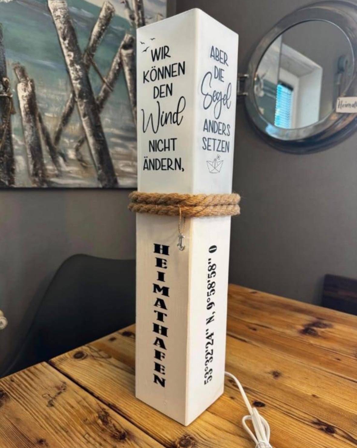 Personalisierte Lampe mit Ihrem Namen oder Wunschtext, verschiedene Höhen, individuell Heimathafen Lieblingsinsel Koordinaten Hochzeit