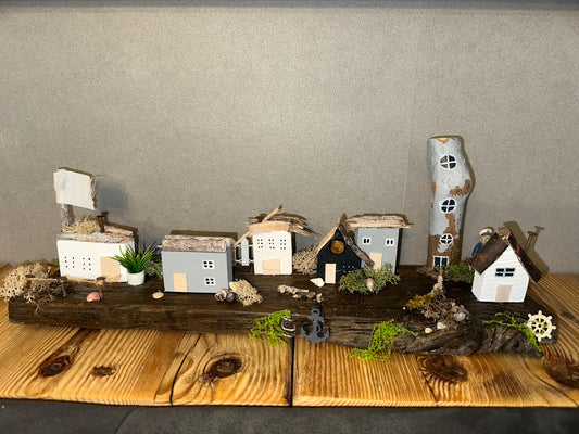 Handmade Driftwood Coastal Village – Nautical Decor, Rustic Seaside Miniature, Unique Beach House Gift by Manapal