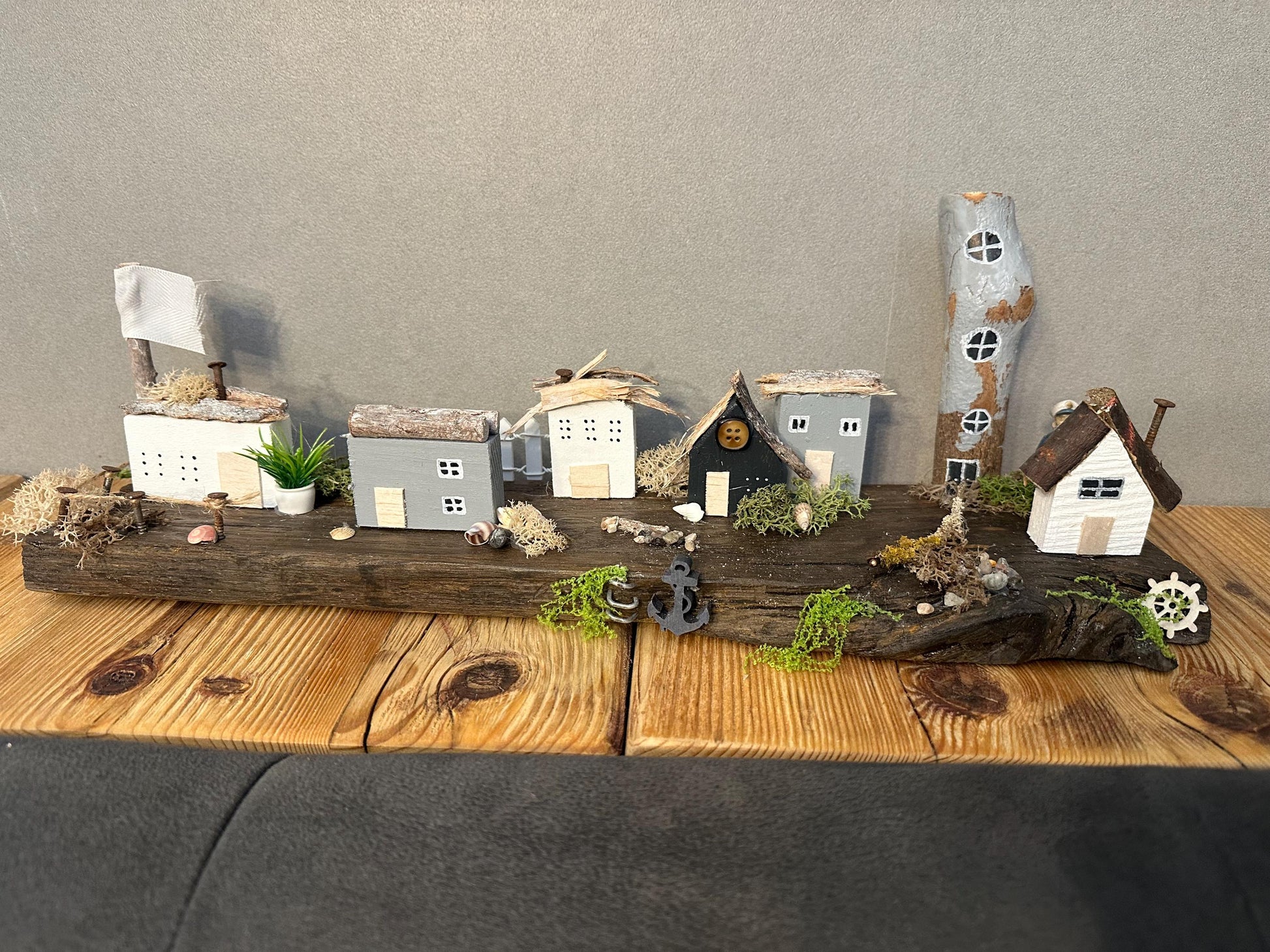 Handmade Driftwood Coastal Village – Nautical Decor, Rustic Seaside Miniature, Unique Beach House Gift by Manapal