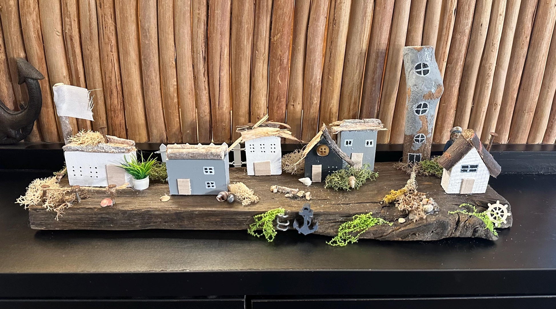 Handmade Driftwood Coastal Village – Nautical Decor, Rustic Seaside Miniature, Unique Beach House Gift by Manapal