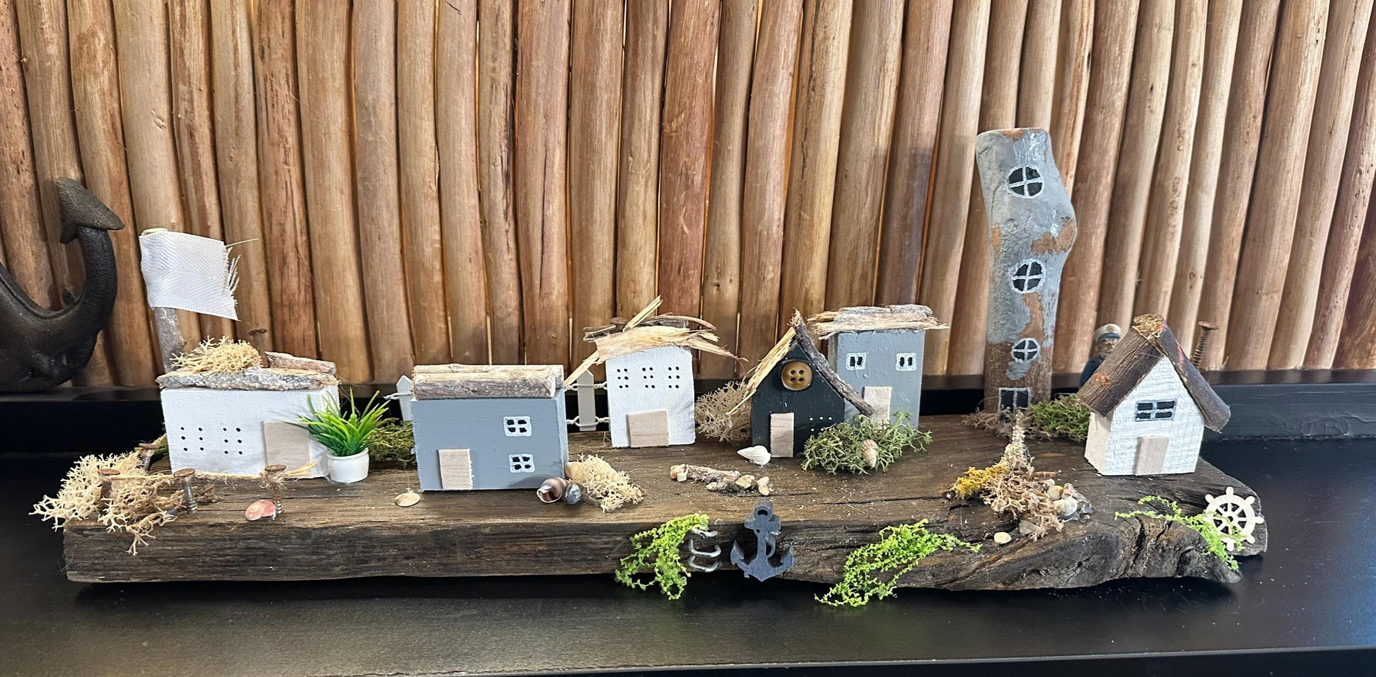 Handmade Driftwood Coastal Village – Nautical Decor, Rustic Seaside Miniature, Unique Beach House Gift by Manapal