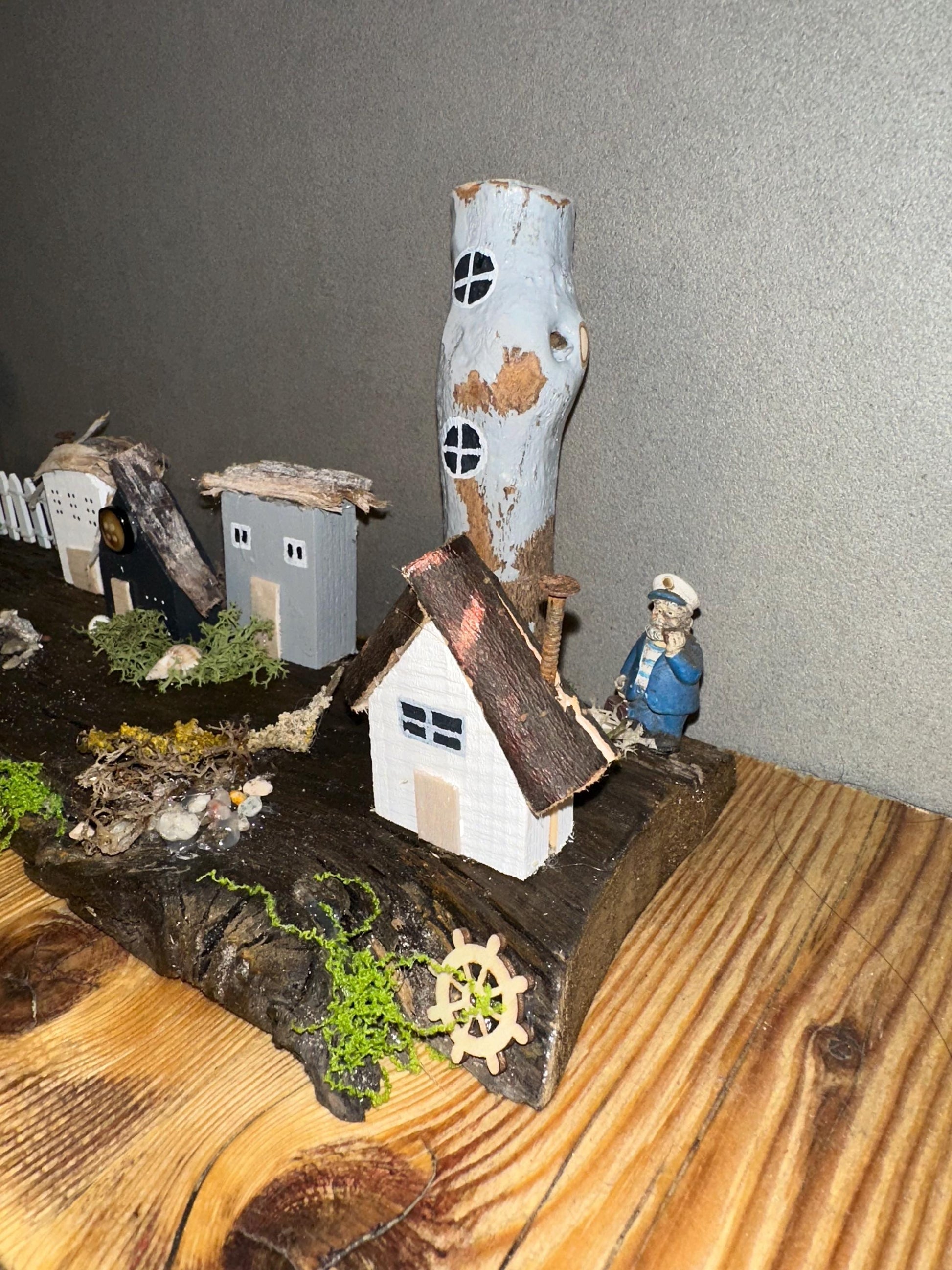Handmade Driftwood Coastal Village – Nautical Decor, Rustic Seaside Miniature, Unique Beach House Gift by Manapal