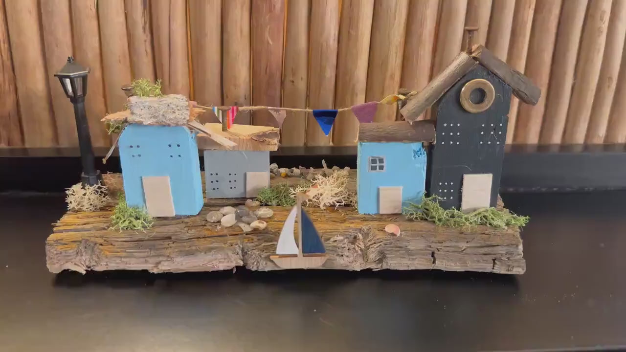 Handmade Driftwood Coastal Village – Nautical Decor, Rustic Seaside Miniature, Unique Beach House Gift by Manapal